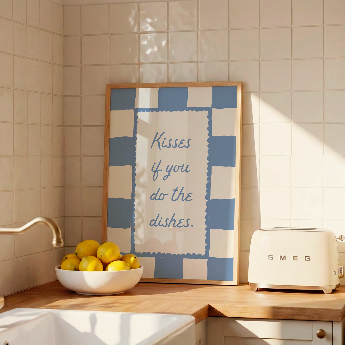 Kisses If You Do The Dishes | Blue Gingham Kitchen Print