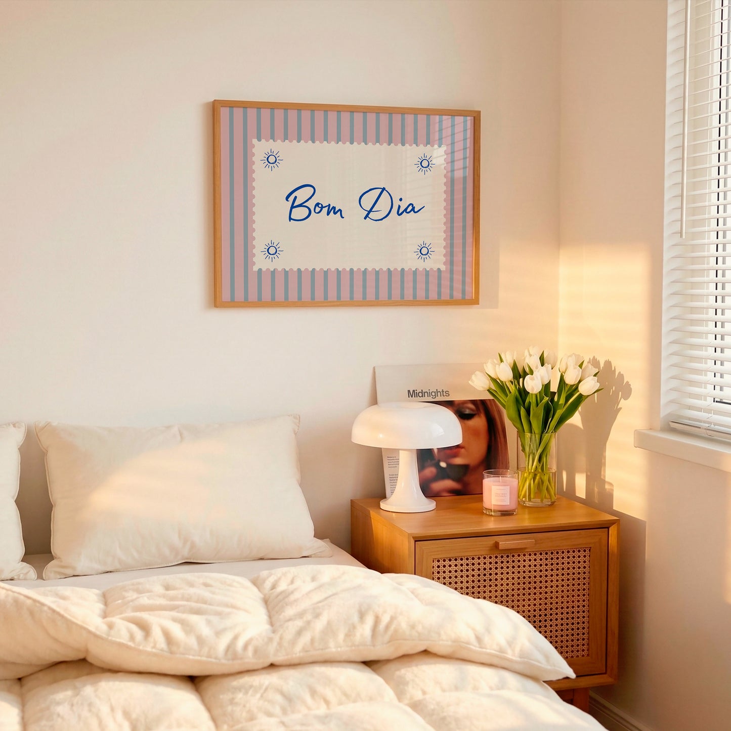 Bom Dia Pink Striped Horizontal Art - Digital Print