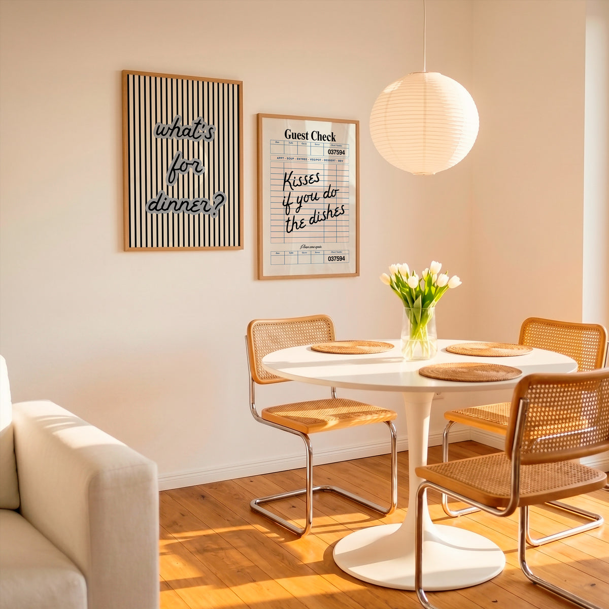 Set of two kitchen prints: "What's for dinner?" in bold striped typography, and "Kisses if you do the dishes" styled as a vintage guest check ticket