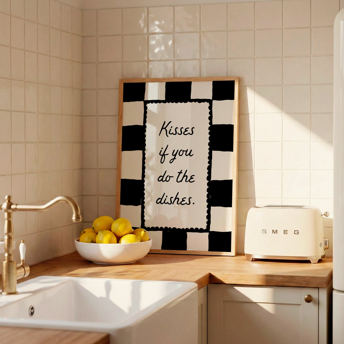 Black and white checkered print with a scalloped border and the handwritten quote "Kisses if you do the dishes" in black script