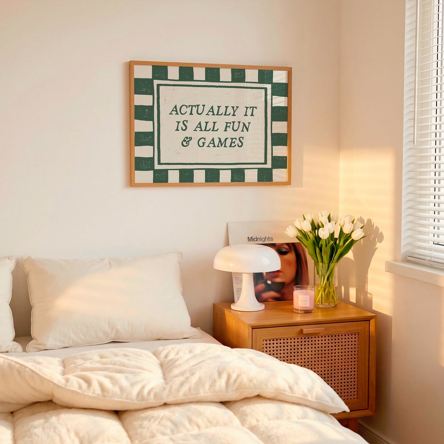 
Actually It Is All Fun & Games forest green checkered horizontal art print above bed with tulips — bold earthy bedroom wall decor instant download