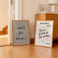 Set of two kitchen prints: "What's for dinner?" in bold striped typography, and "Kisses if you do the dishes" styled as a vintage guest check ticket