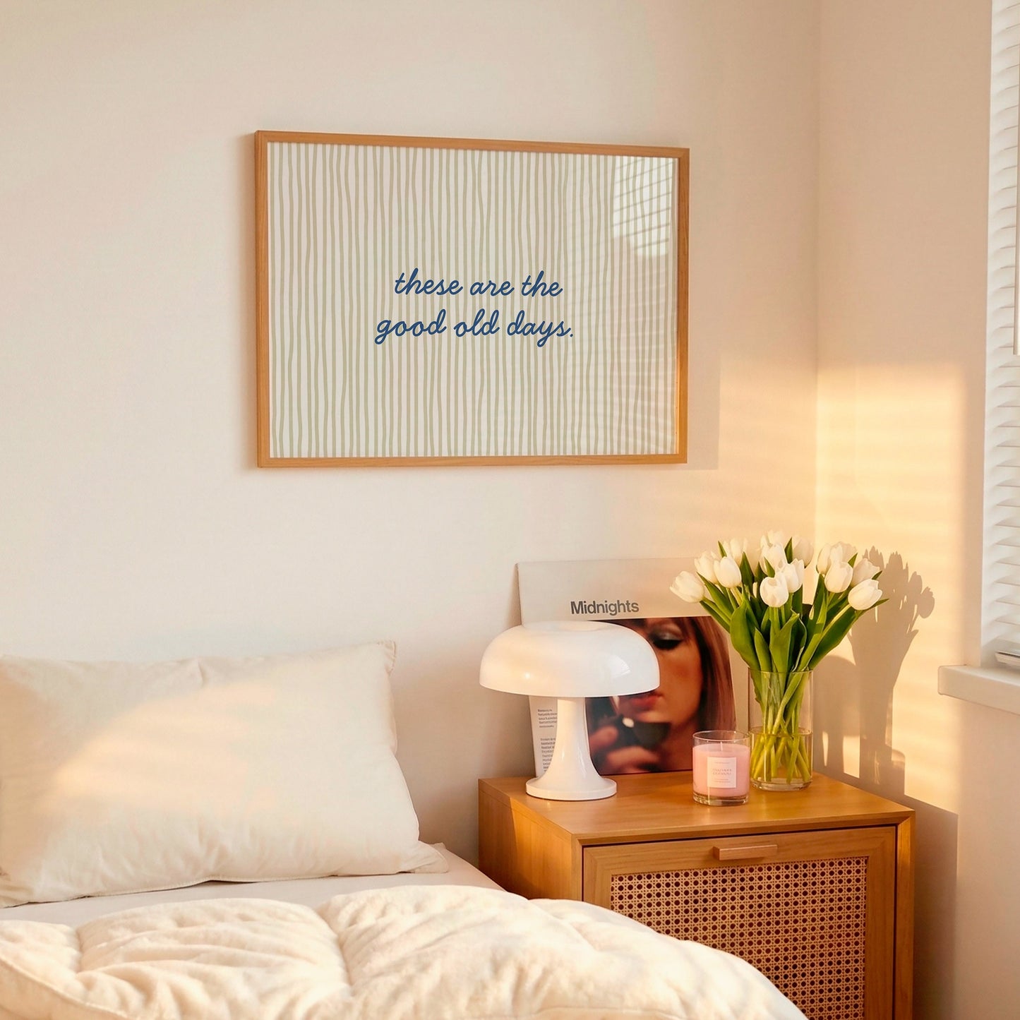 These Are The Good Old Days sage green stripe horizontal print in lifestyle bedroom — aesthetic nostalgic wall decor