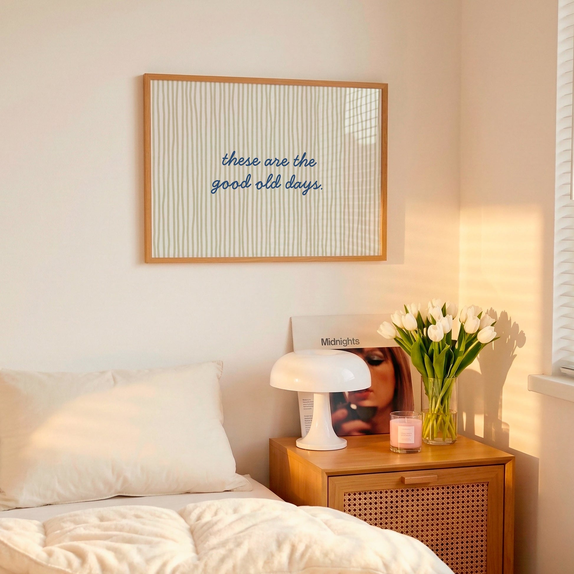 These Are The Good Old Days sage green stripe horizontal print in lifestyle bedroom — aesthetic nostalgic wall decor