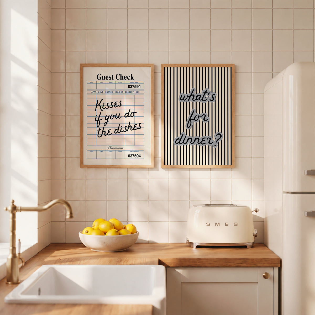Set of two kitchen prints: "What's for dinner?" in bold striped typography, and "Kisses if you do the dishes" styled as a vintage guest check ticket