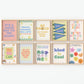 Set of 10 pastel classroom prints in a retro style, including blue pennant flags reading kind, brave, curious, a daily feelings check-in chart with smiling star, cloud, and sun characters, a puzzle piece print reading "There's a place for everyone," and colourful typography posters with quotes like "Wrong answers welcome," "Yes you can," and "It's a good day to try again."