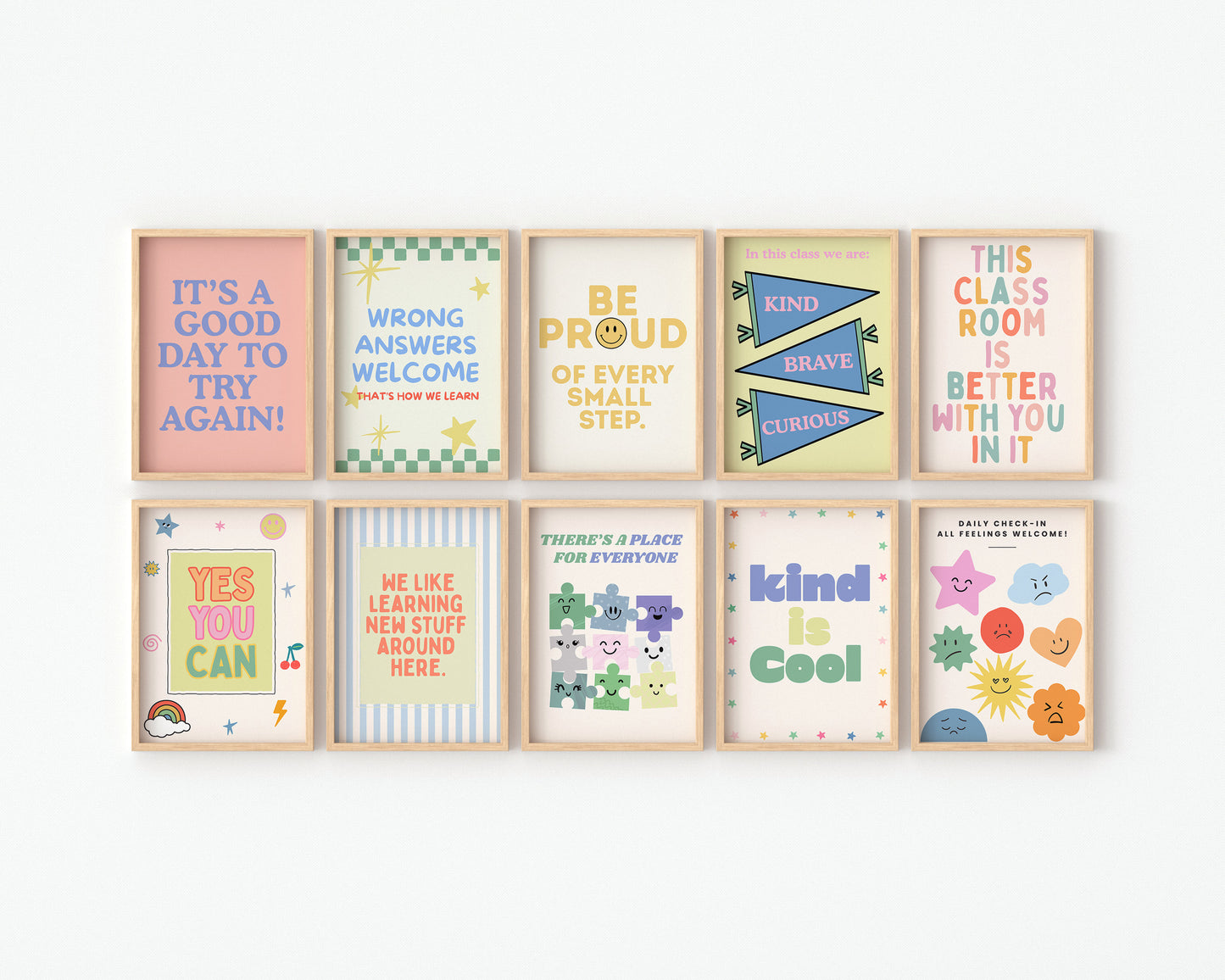 Set of 10 pastel classroom prints in a retro style, including blue pennant flags reading kind, brave, curious, a daily feelings check-in chart with smiling star, cloud, and sun characters, a puzzle piece print reading "There's a place for everyone," and colourful typography posters with quotes like "Wrong answers welcome," "Yes you can," and "It's a good day to try again."
