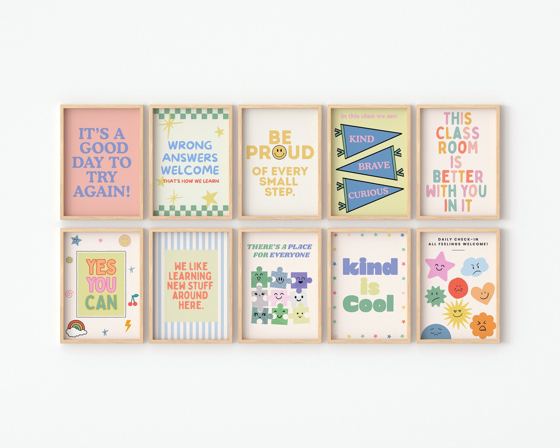 Set of 10 pastel classroom prints in a retro style, including blue pennant flags reading kind, brave, curious, a daily feelings check-in chart with smiling star, cloud, and sun characters, a puzzle piece print reading "There's a place for everyone," and colourful typography posters with quotes like "Wrong answers welcome," "Yes you can," and "It's a good day to try again."