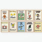 Set of 10 retro sports posters with smiling cartoon characters, including a soccer ball beside "Practice makes players," a basketball beside "Nobody scores alone," a tennis ball with racket beside "Effort never sits on the bench," a volleyball beside "Fast or slow, way to go," a football beside "Hustle with a smile," a foam finger beside "Good sports finish first," and high-fiving stars beside "We cheer for everyone here," in a vintage cream, green, and blue palette.