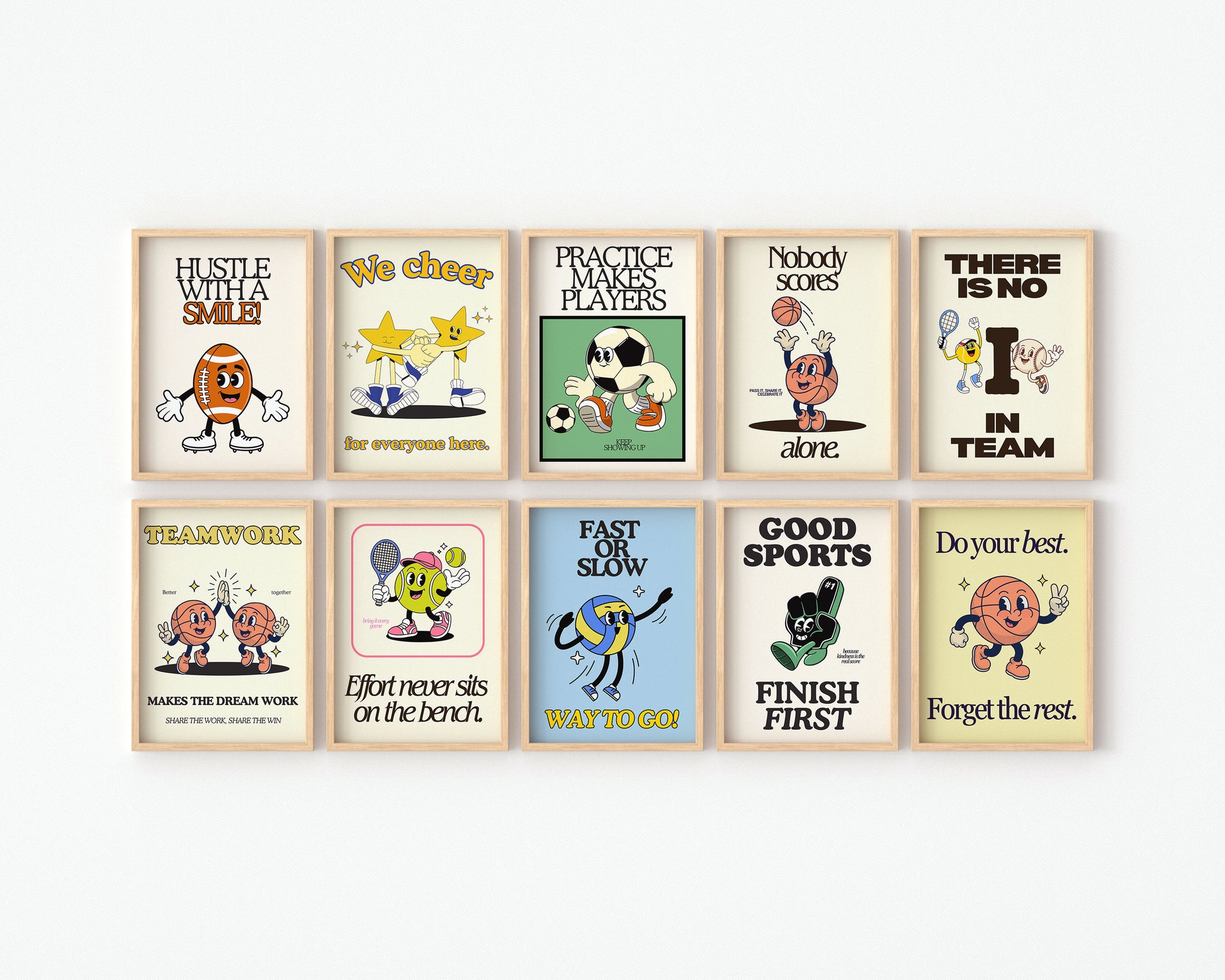 Set of 10 retro sports posters with smiling cartoon characters, including a soccer ball beside "Practice makes players," a basketball beside "Nobody scores alone," a tennis ball with racket beside "Effort never sits on the bench," a volleyball beside "Fast or slow, way to go," a football beside "Hustle with a smile," a foam finger beside "Good sports finish first," and high-fiving stars beside "We cheer for everyone here," in a vintage cream, green, and blue palette.