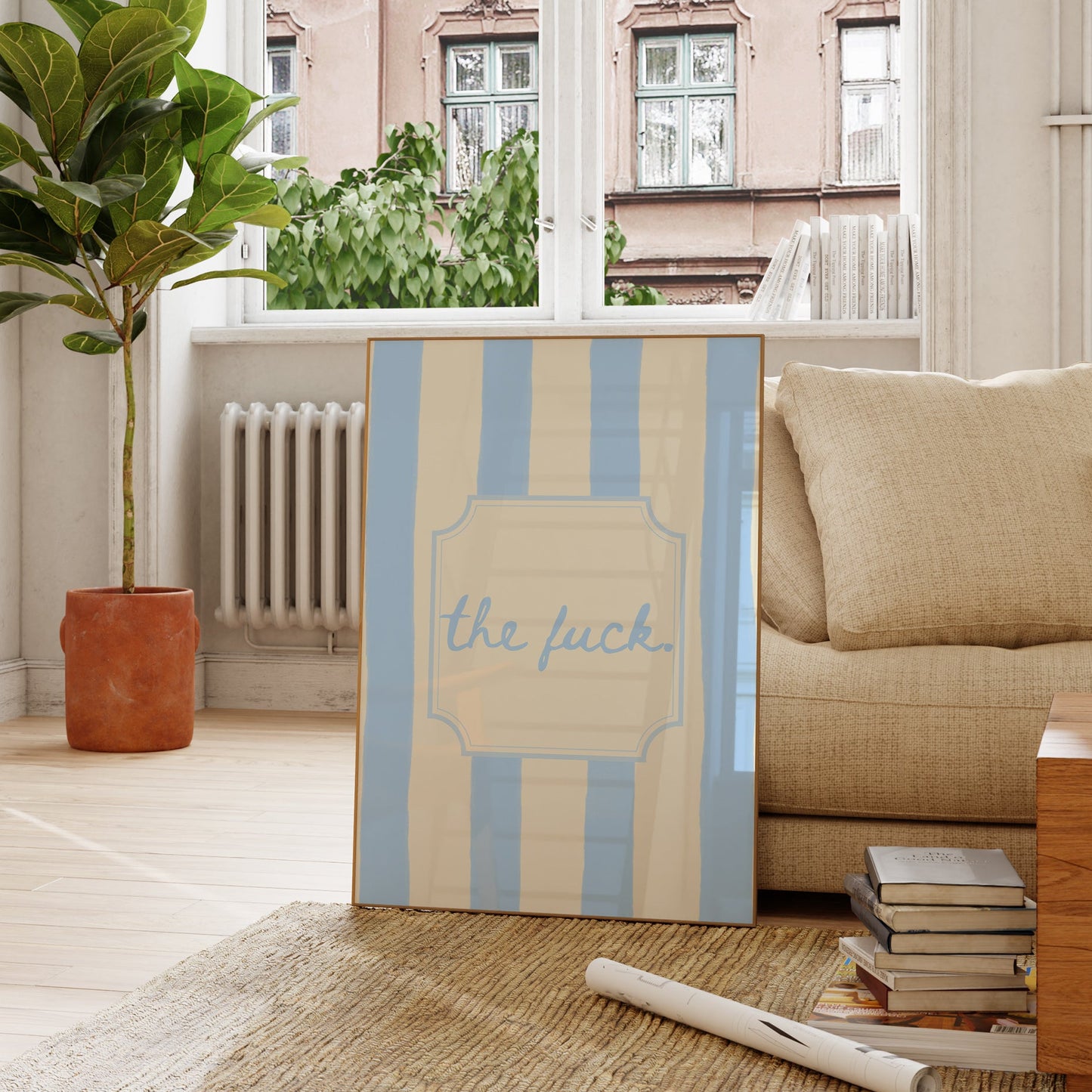 Pastel Blue & Yellow ' The Fuck ' striped print