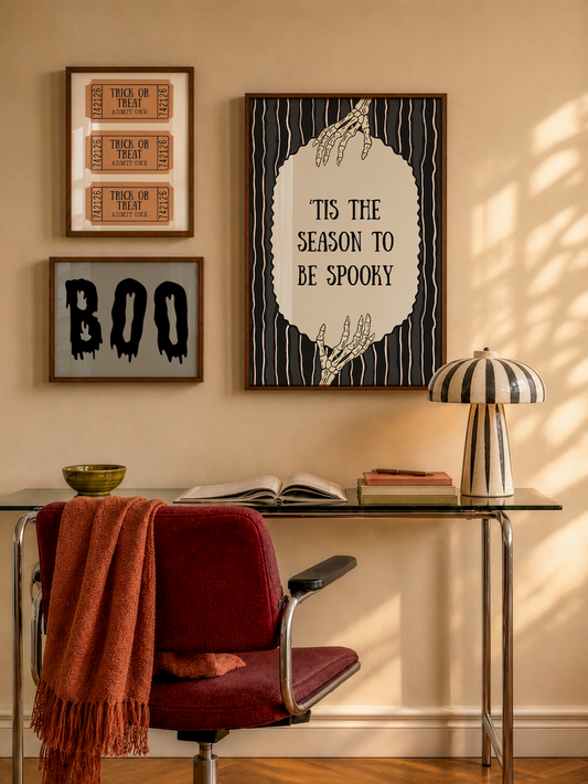 Set of 3 vintage-style Halloween prints: three "Trick or Treat, Admit One" ticket stubs, the word "BOO" in dripping black lettering, and "'Tis the season to be spooky" framed by skeleton hands on black and cream stripes.
