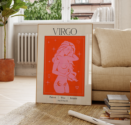 Retro Virgo Zodiac Goddess Art Print, Boho Virgo Wall Art