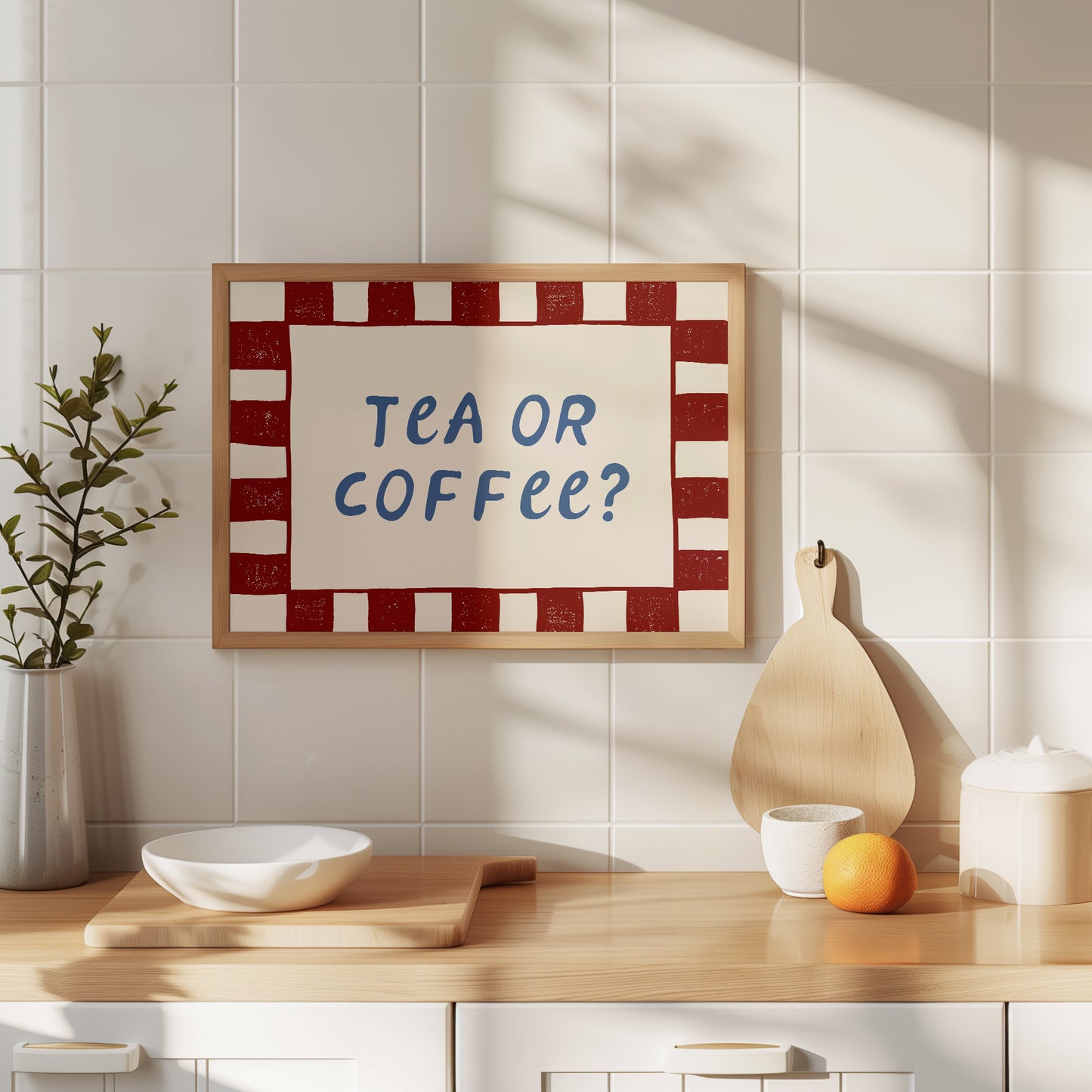 White print with a red checkered border and "Tea or Coffee?" in bold navy retro lettering