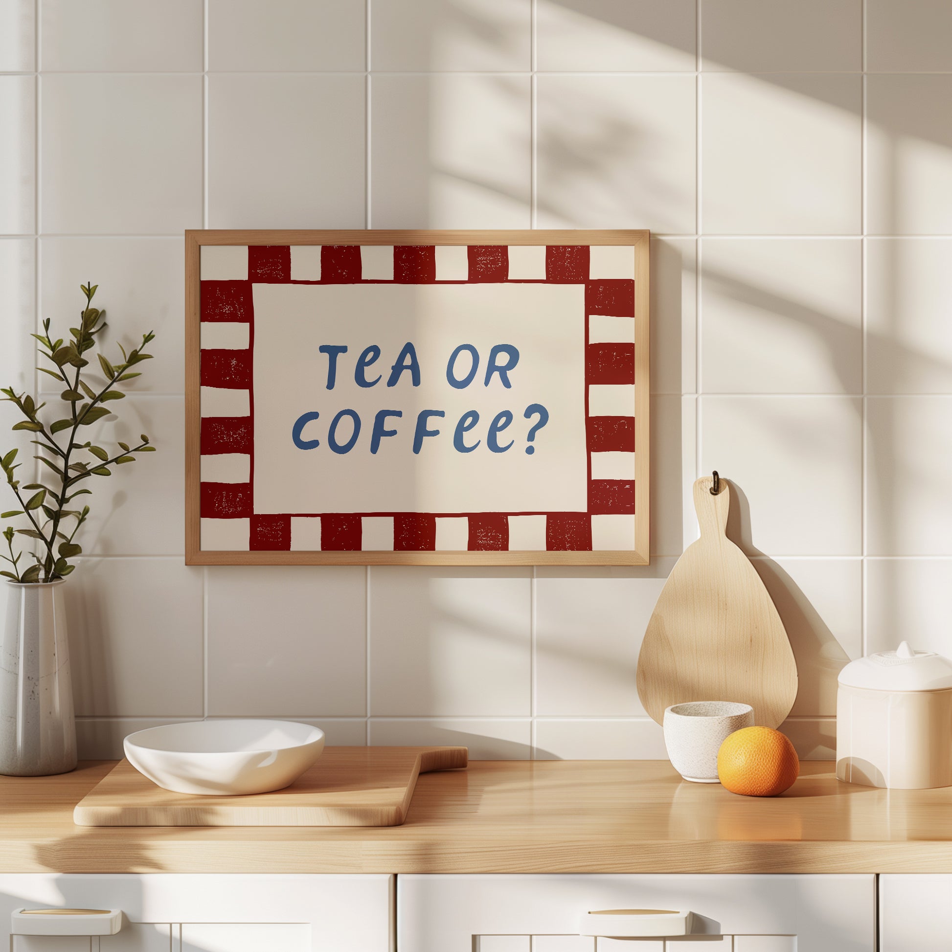White print with a red checkered border and "Tea or Coffee?" in bold navy retro lettering
