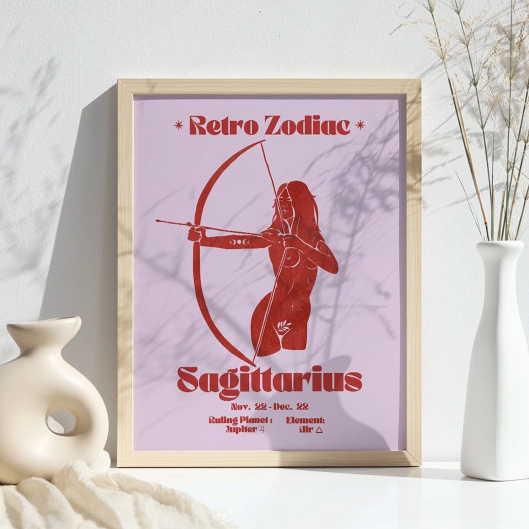 Retro Zodiac Sagittarius Goddess Wall Art Print, Sun Sign Art