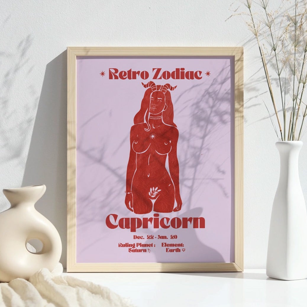 Retro Zodiac Capricorn Goddess Wall Art Print, Sun Sign Art