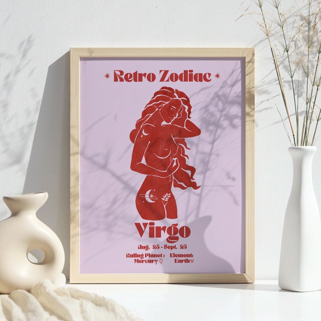 Retro Zodiac Virgo Goddess Wall Art Print, Sun Sign Art