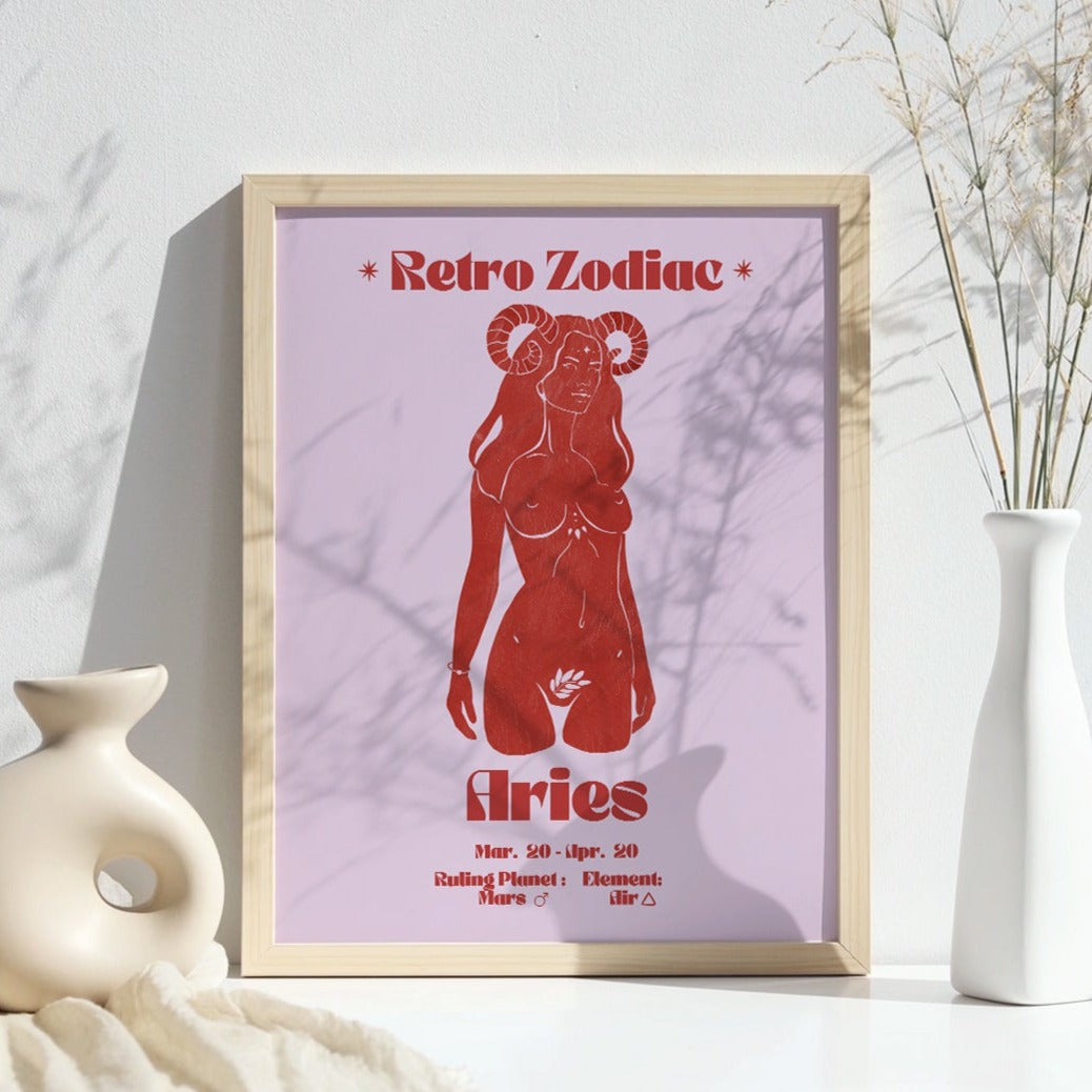 Retro Zodiac Aries Goddess Wall Art Print, Sun Sign Art