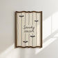 Portrait digital print with a tan and cream striped background featuring the hand-lettered phrase "Spooky season" in black script, accented with three minimalist black bat silhouettes.
