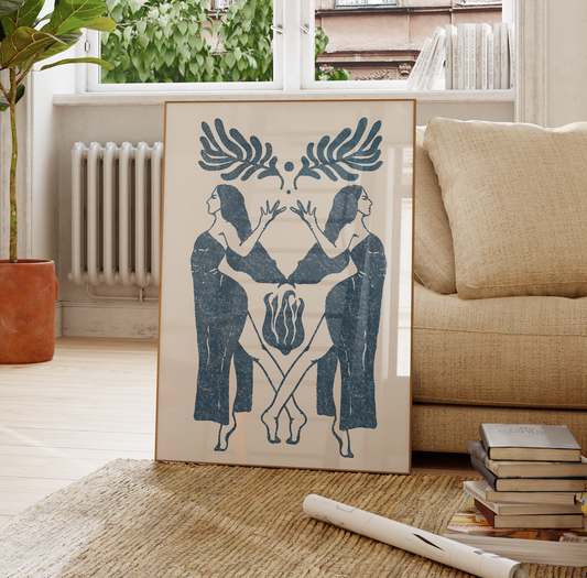 Celestial Sisters Blue set of 2 art prints — dreamy cosmic gallery pair bedroom wall decor