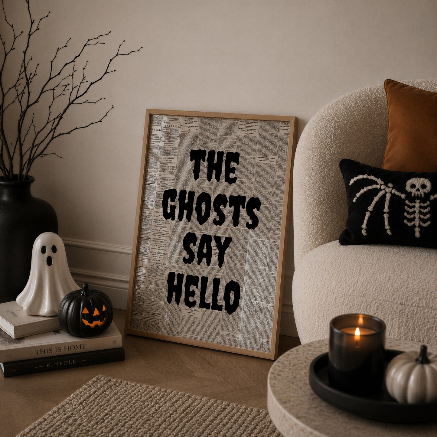 Set of five Halloween prints featuring a ghost postage stamp, bold newspaper-style lettering, a spooky season banner, a trick-or-treat ticket, and a jack-o'-lantern skeleton