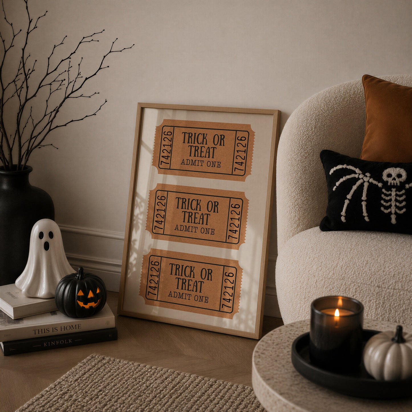 Set of 3 vintage-style Halloween prints: three "Trick or Treat, Admit One" ticket stubs, the word "BOO" in dripping black lettering, and "'Tis the season to be spooky" framed by skeleton hands on black and cream stripes.