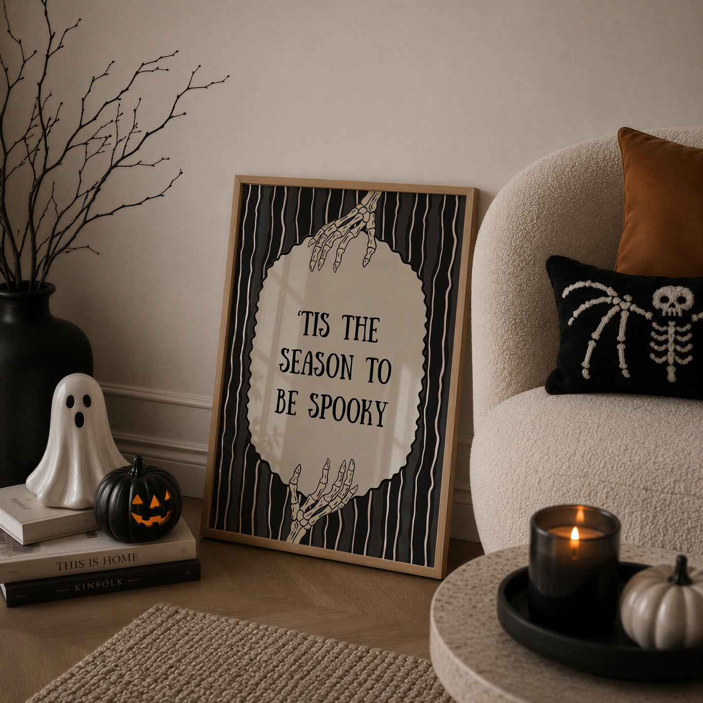 Set of 3 vintage-style Halloween prints: three "Trick or Treat, Admit One" ticket stubs, the word "BOO" in dripping black lettering, and "'Tis the season to be spooky" framed by skeleton hands on black and cream stripes.
