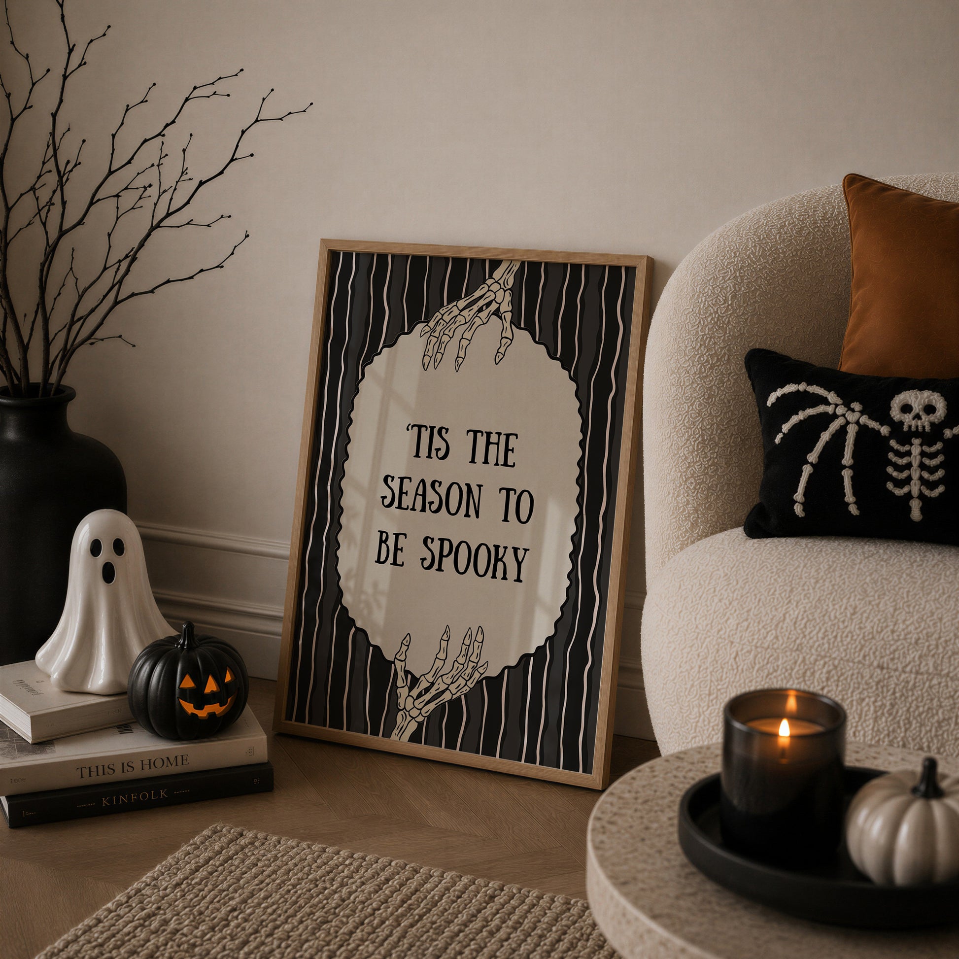 Set of 3 vintage-style Halloween prints: three "Trick or Treat, Admit One" ticket stubs, the word "BOO" in dripping black lettering, and "'Tis the season to be spooky" framed by skeleton hands on black and cream stripes.