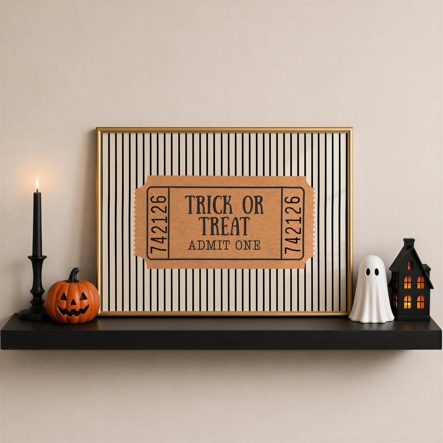 Set of five Halloween prints featuring a ghost postage stamp, bold newspaper-style lettering, a spooky season banner, a trick-or-treat ticket, and a jack-o'-lantern skeleton