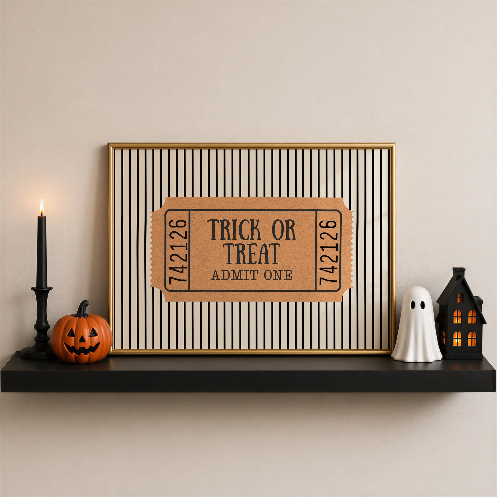 Set of five Halloween prints featuring a ghost postage stamp, bold newspaper-style lettering, a spooky season banner, a trick-or-treat ticket, and a jack-o'-lantern skeleton