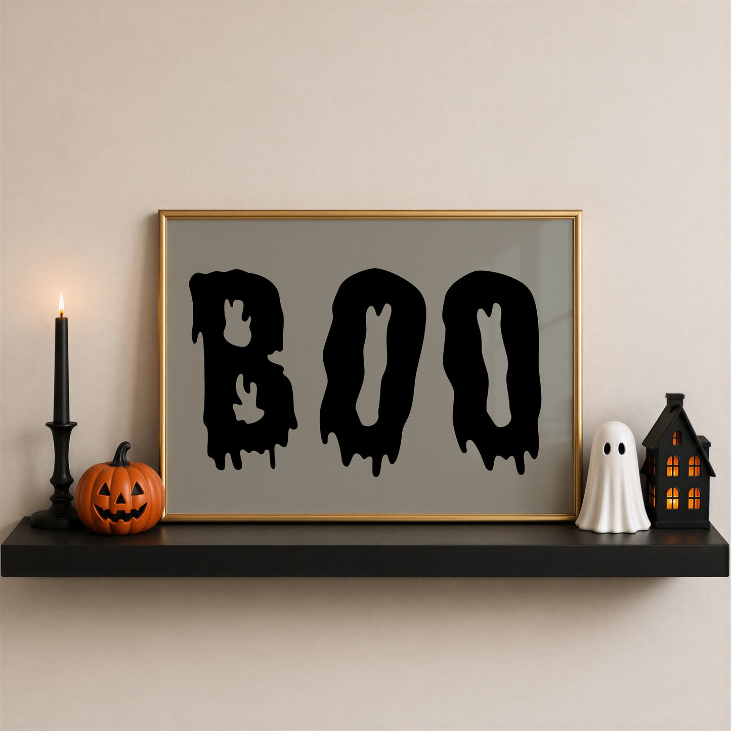 Set of 3 vintage-style Halloween prints: three "Trick or Treat, Admit One" ticket stubs, the word "BOO" in dripping black lettering, and "'Tis the season to be spooky" framed by skeleton hands on black and cream stripes.