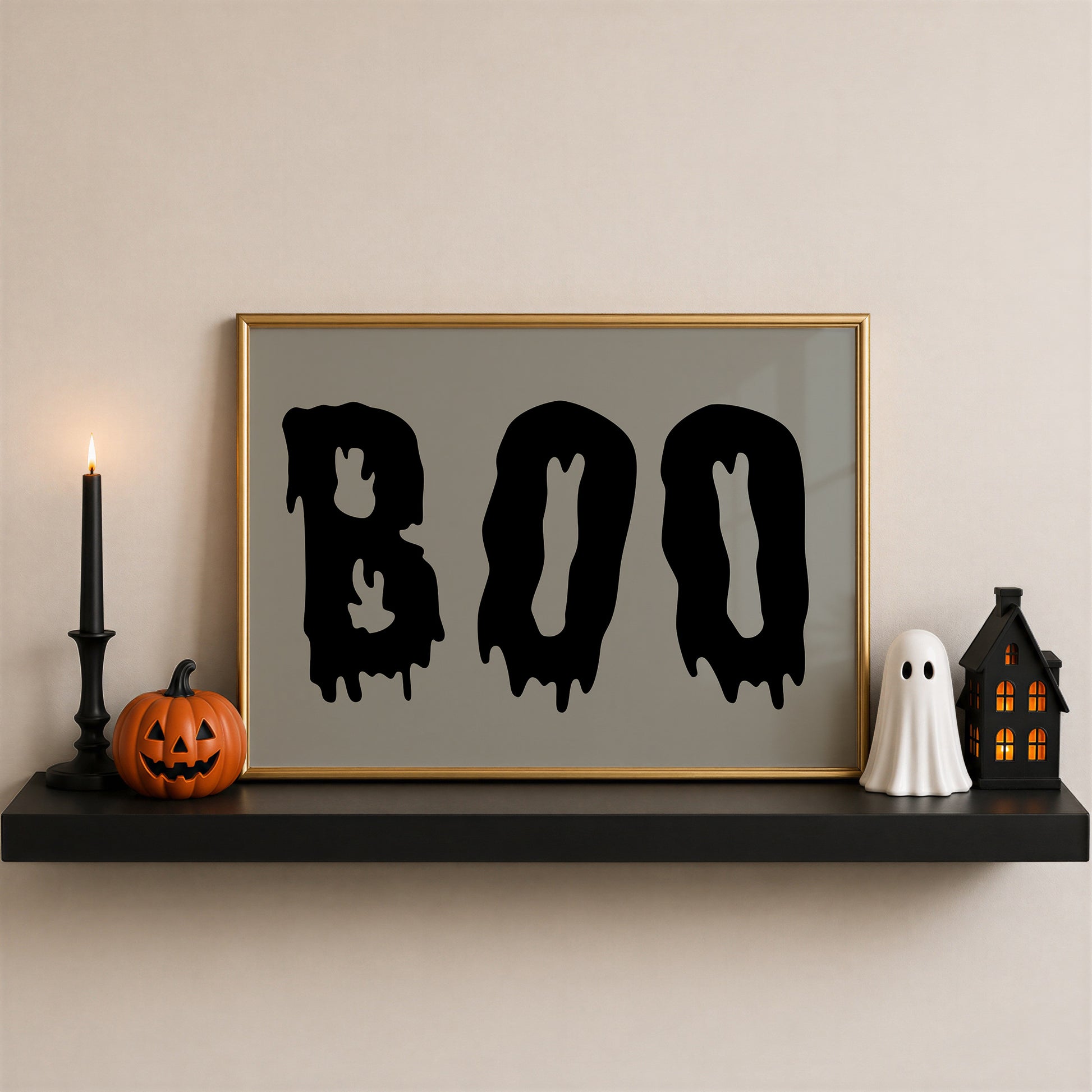 Set of 3 vintage-style Halloween prints: three "Trick or Treat, Admit One" ticket stubs, the word "BOO" in dripping black lettering, and "'Tis the season to be spooky" framed by skeleton hands on black and cream stripes.