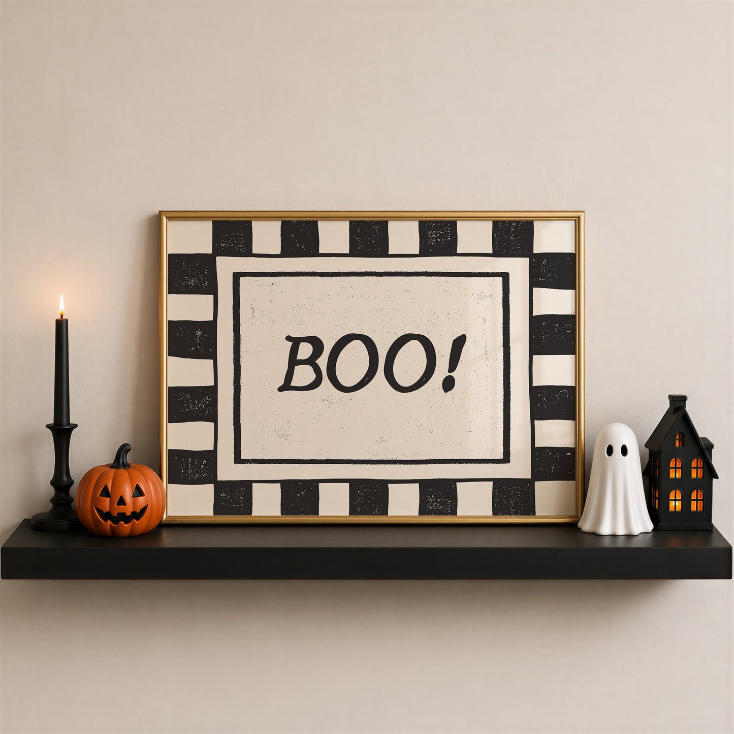 Horizontal print with a bold black and white checkered border framing the word "BOO!" in black hand-drawn type on a textured cream background.