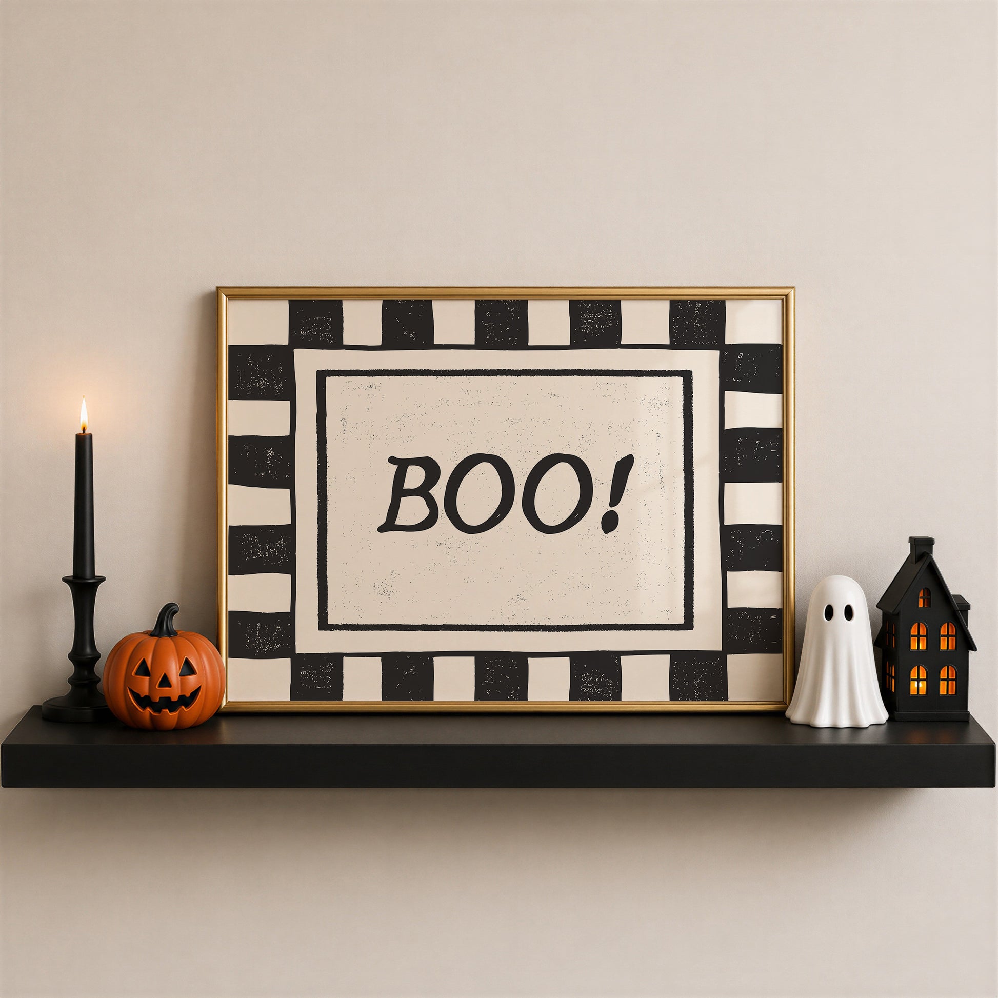 Horizontal print with a bold black and white checkered border framing the word "BOO!" in black hand-drawn type on a textured cream background.