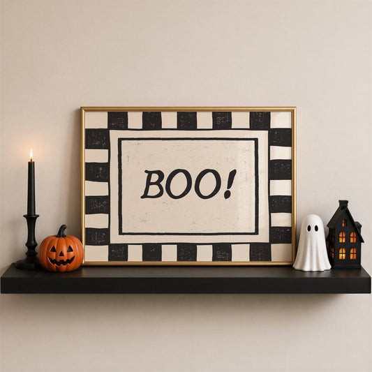Horizontal print with a bold black and white checkered border framing the word "BOO!" in black hand-drawn type on a textured cream background.