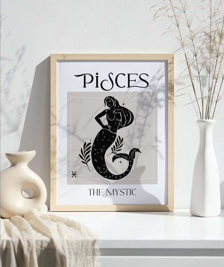 Zodiac Pisces Goddess Wall Art Print, Sun Sign Art