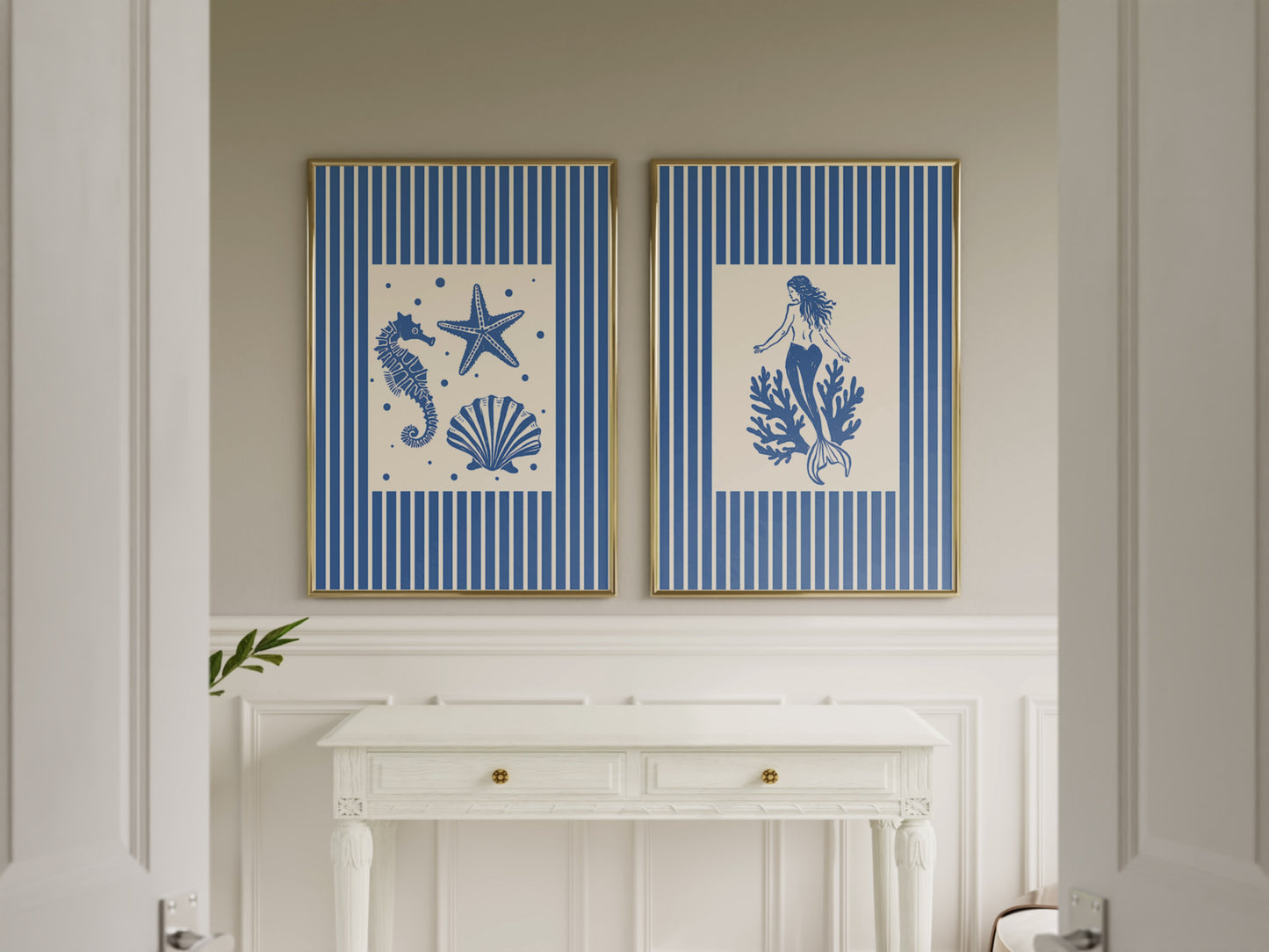 Mermaid & Seashells Coastal Blue Striped Set Of 2 - Digital Print