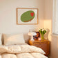 Horizontal print of a large green olive illustration with a small red heart and the words "olive you" in red cursive script, on a cream background.