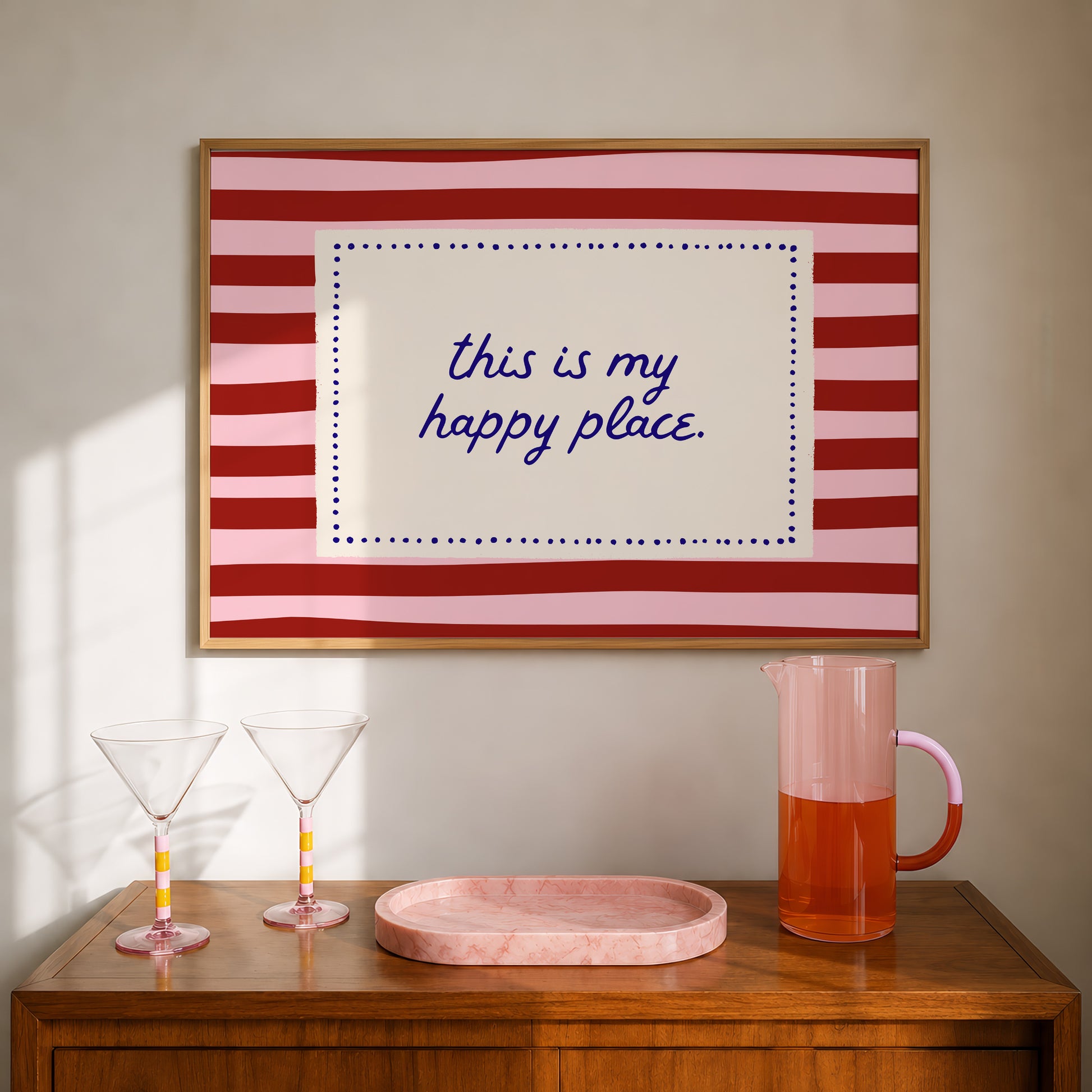 Set of three prints featuring "How lucky are we" with a horseshoe, "This is my happy place" in red stripes, and "Besos, Bisous, Beijos" with illustrated lips