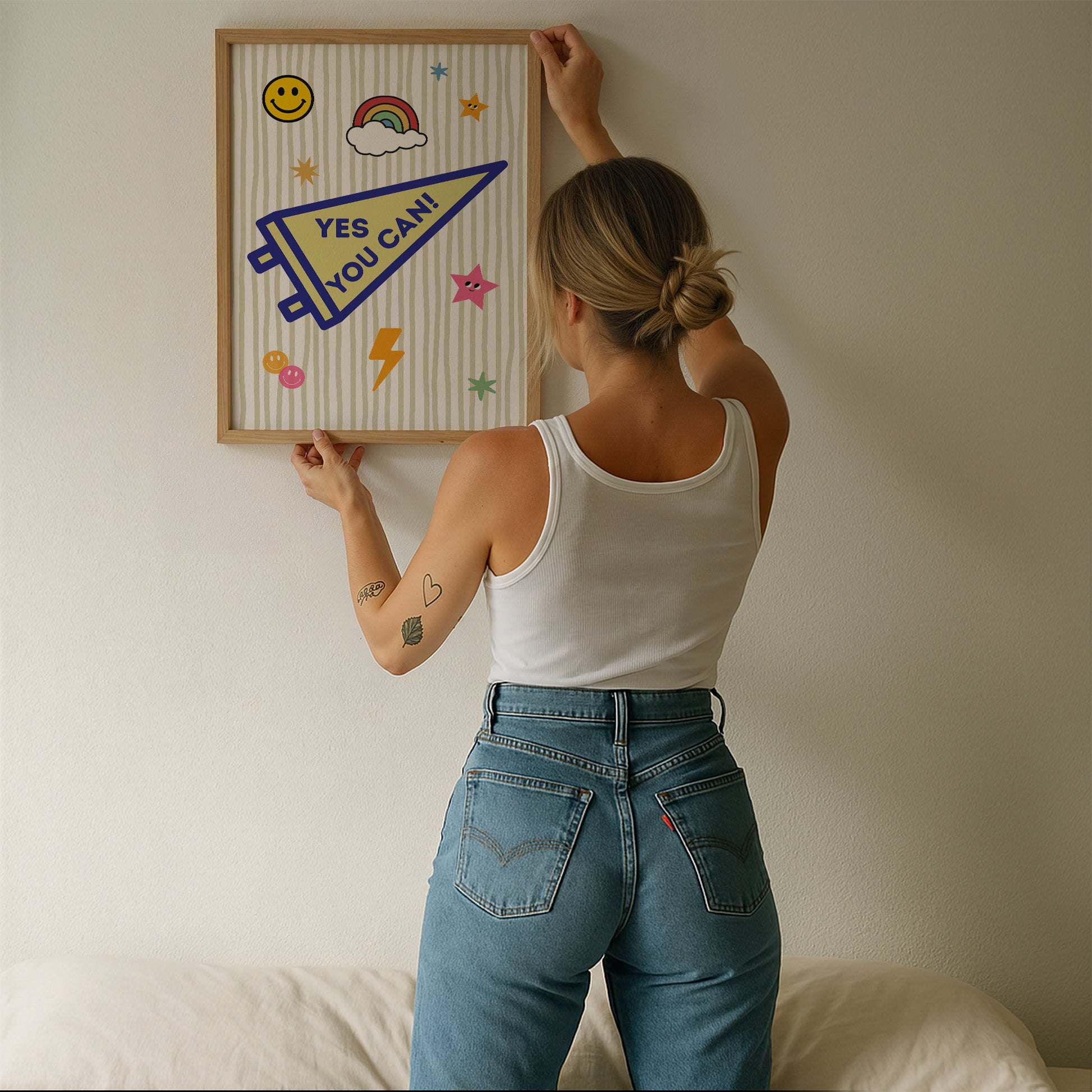 Yes You Can pennant art print above bed with tulips and rattan nightstand — whimsical motivational dorm bedroom wall decor instant download