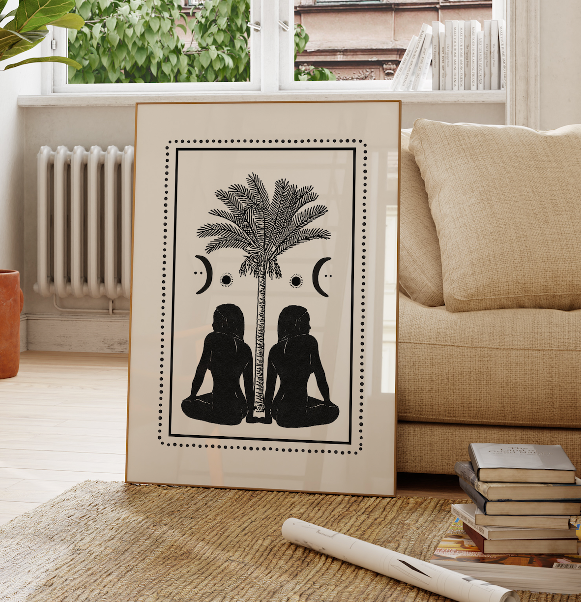 Black & White Boho Palm Art Print/ Mystical Sisterhood Art Print Feminine Energy Artwork