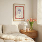 Set of three prints featuring "How lucky are we" with a horseshoe, "This is my happy place" in red stripes, and "Besos, Bisous, Beijos" with illustrated lips