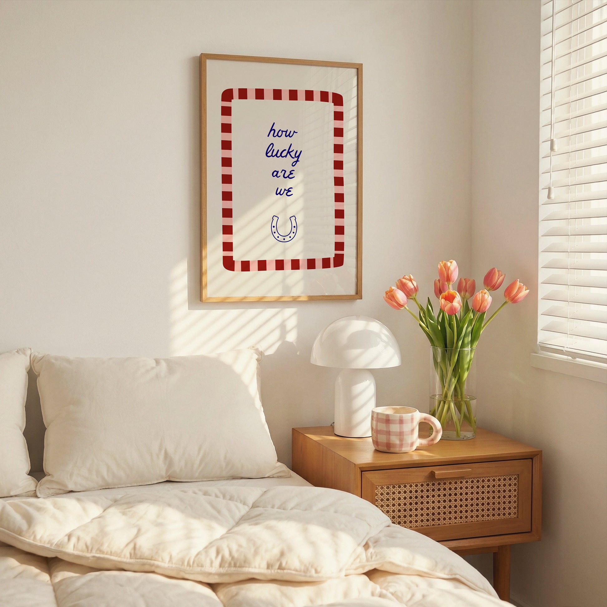 Set of three prints featuring "How lucky are we" with a horseshoe, "This is my happy place" in red stripes, and "Besos, Bisous, Beijos" with illustrated lips