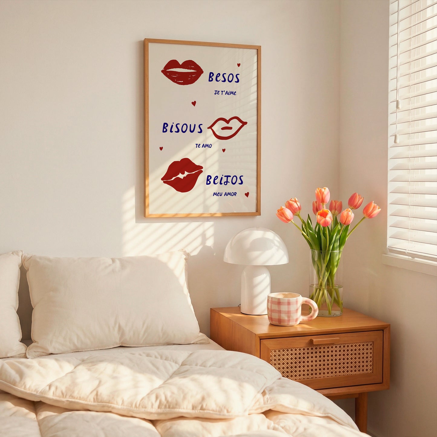 Cream print with three illustrated red lips paired with "Besos," "Bisous," and "Beijos" in navy lettering, with small red hearts scattered throughout