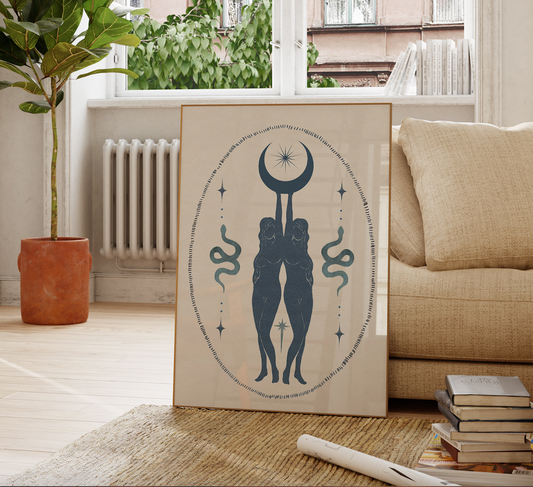 Celestial Sisters Blue art print — ethereal feminine cosmic mystical bedroom wall decor