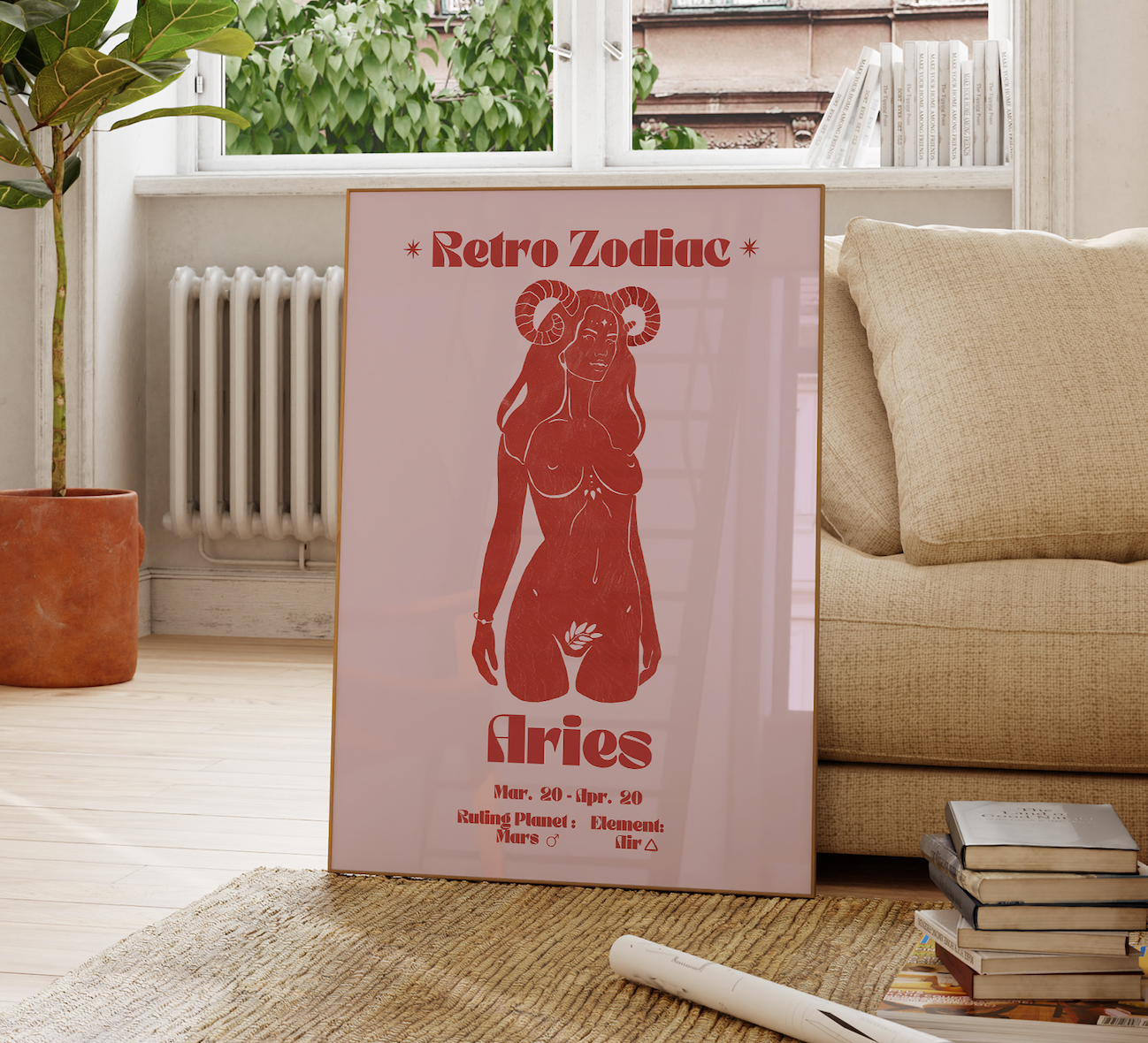 Retro Zodiac Aries Goddess Wall Art Print, Sun Sign Art