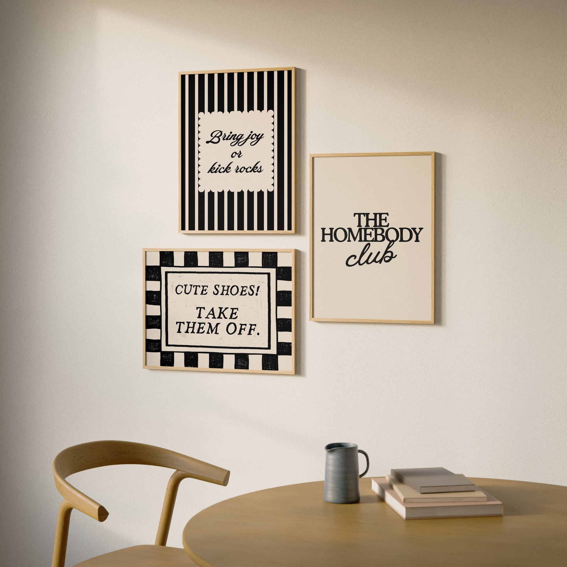 Set of 3 black and white prints: "The Homebody Club" in bold serif type, "Cute Shoes! Take them off." framed by checkered stripes, and "Bring joy or kick rocks" in a scalloped panel on black and white stripes.