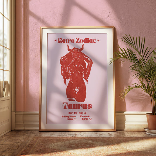 Retro Zodiac Taurus Goddess Wall Art Print, Sun Sign Art