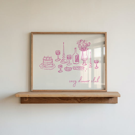 Pink 'Cozy Dinner Club' illustrated art print — warm kitchen or dining room wall decor